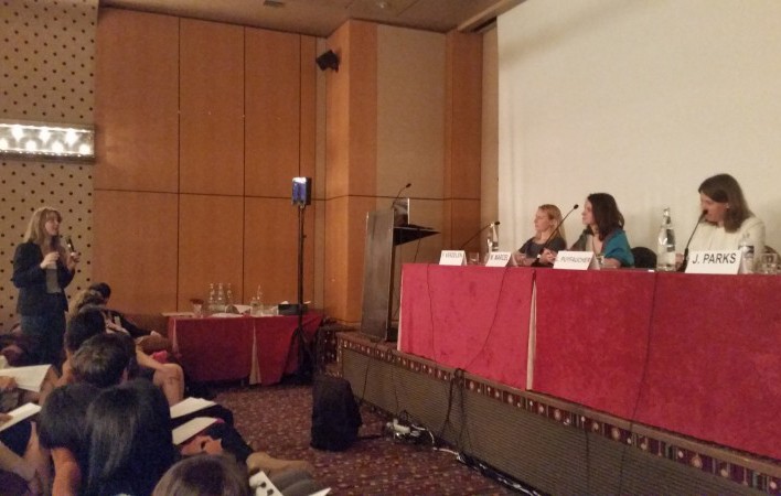 From left: Florence Verzelen, Mélanie Marcel and Laetitia Puyfaucher receiving a question at the 2014 France Youth Forum